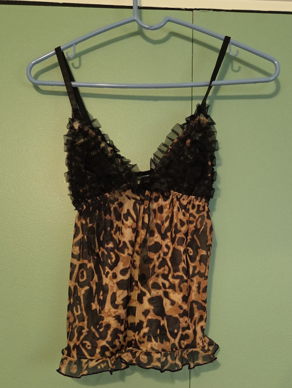 Leopard Print Ruffle Chemise Cami - Black and Brown Small